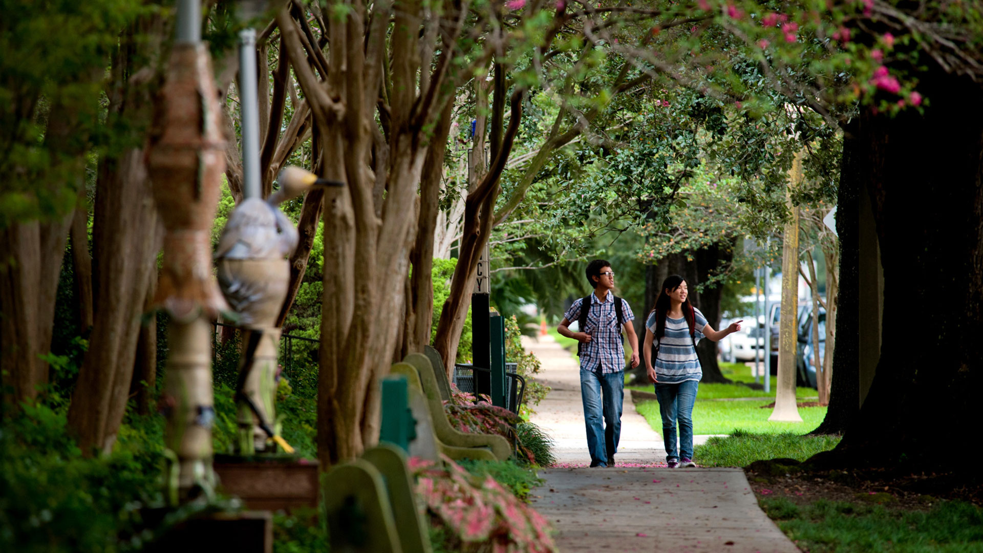 Two students walk across campus