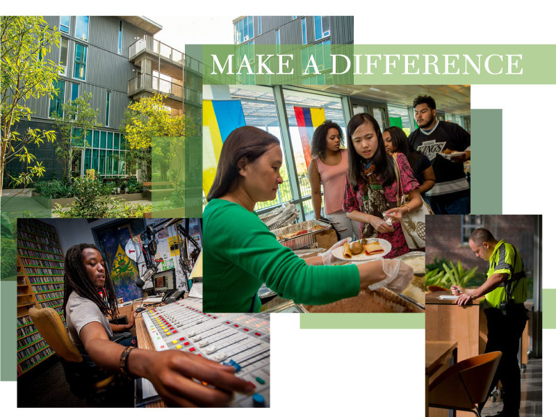 photo collage of student and campus scenes with a banner reading Make a Difference